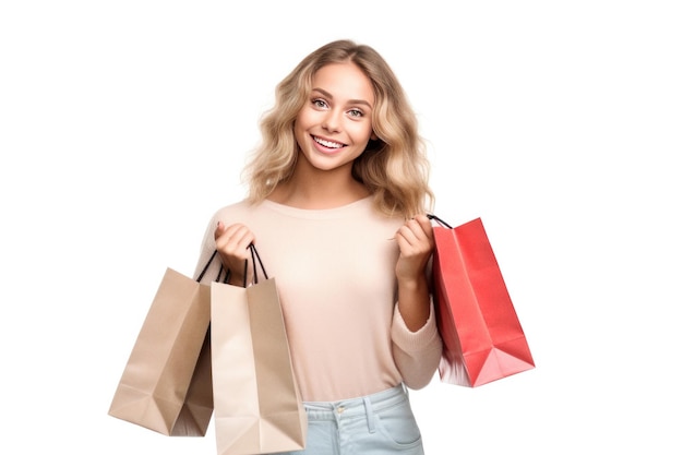 Mulher jovem alegre com sacos de compras isolada ai gerada
