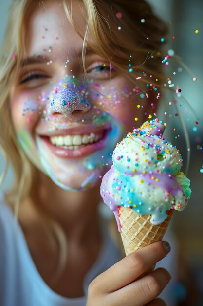 Mulher jovem alegre com salpicaduras coloridas no rosto segurando um cone de sorvete expressando felicidade e