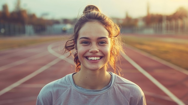 Mulher jovem alegre comemorando a vitória na pista atlética Inteligência Artificial Gerativa