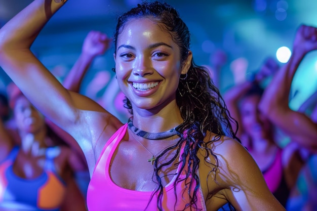 Foto mulher jovem alegre desfrutando de aula de dança de fitness em luzes de néon feliz exercitando e dançando em um