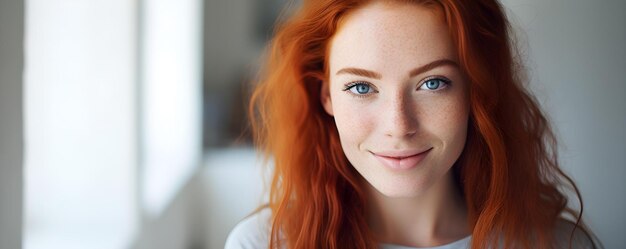 Mulher jovem alegre faz contato visual com a câmera Mulher feliz com cabelo vermelho e sardas T-shirt elegante sorridente fundo borrado espaço de cópia fundo sólido ar v conceito de furtividade relaxado