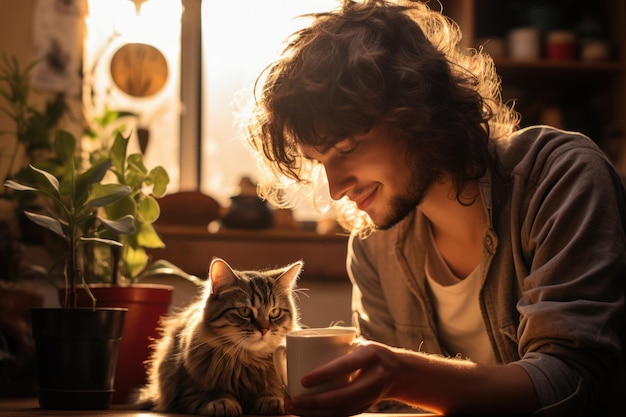 Foto mulher jovem alimentando seu gato em casa