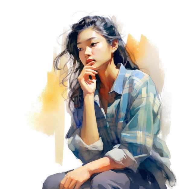 Mulher jovem asiática em ilustração de pensamento e dúvidas Personagem feminina hipster com rosto sonhador em fundo abstrato Ai gerou cartaz colorido desenhado brilhante