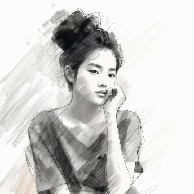 Mulher jovem asiática em pensamento e dúvidas ilustração monocromática Personagem feminina hipster com rosto sonhador em fundo abstrato Ai gerou pôster desenhado em preto e branco