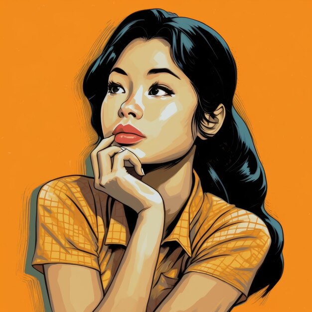 Foto mulher jovem asiática pensando e duvidando da ilustração dos desenhos animados personagem hipster feminino com rosto sonhador em fundo abstrato ai gerou cartaz colorido desenhado brilhante