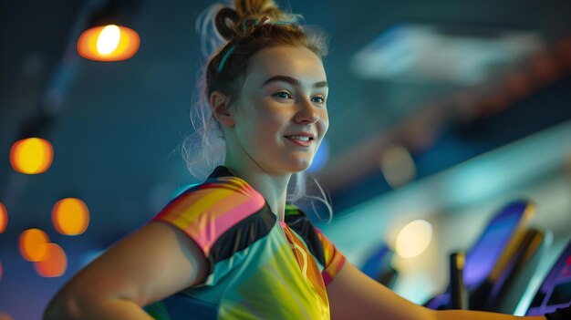 Mulher jovem ativa se exercitando em um treinador elíptico no ginásio conceito de fitness e saúde capturado em estilo vibrante de treino e determinação AI