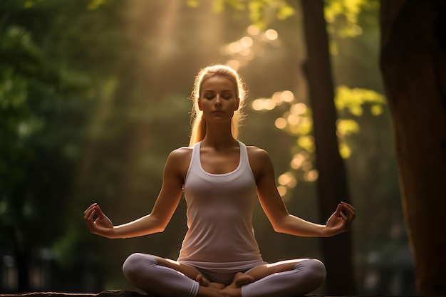 Mulher jovem atlética fazendo ioga no parque pela manhã