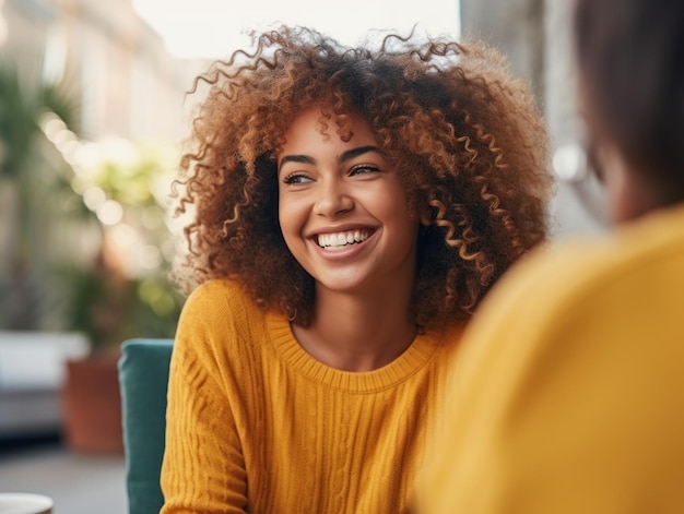 Foto mulher jovem atraente com rosto alegre enquanto fala com um amigo invisível