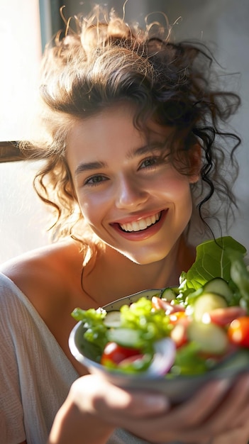 Foto mulher jovem atraente e alegre preparou salada de comida fresca