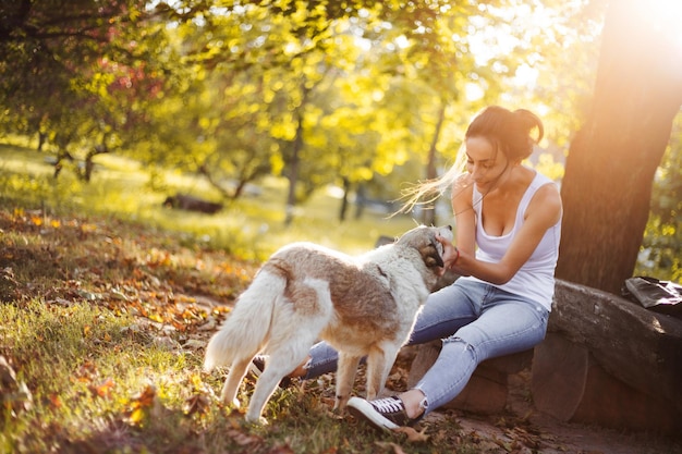 Mulher jovem atraente e seu cachorro passando tempo juntos ao ar livre no parque Cuidados com animais de estimação Menina em uma grama verde com cachorro à luz do sol Animais de estimação do abrigo