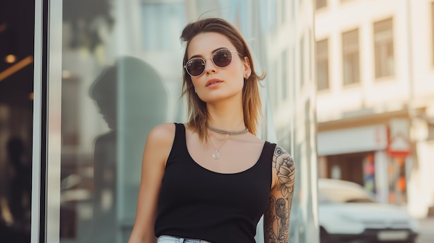 Mulher jovem atraente vestindo branco vazio preto tank top mockup para modelo de design