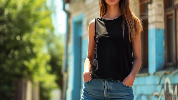 Mulher jovem atraente vestindo branco vazio preto tank top mockup para modelo de design