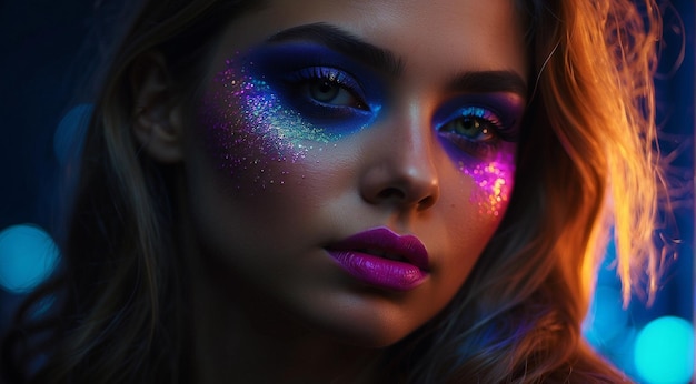 Foto mulher jovem bonita uv neon pigmento maquiagem cores fluorescentes fundo escuro mulher com maquiagem uv