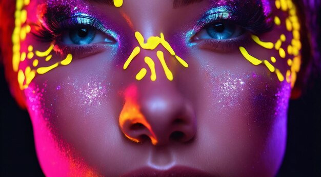 Foto mulher jovem bonita uv neon pigmento maquiagem cores fluorescentes fundo escuro mulher com maquiagem uv