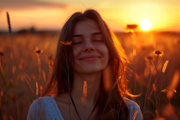 Mulher jovem calma e radiante sorrindo felizmente em retrato retroiluminado