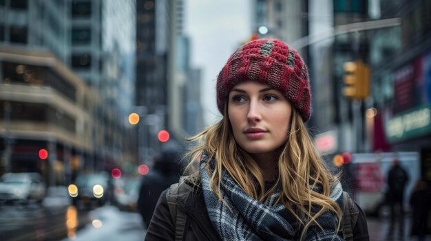 Mulher jovem caminhando pelas ruas de uma cidade movimentada