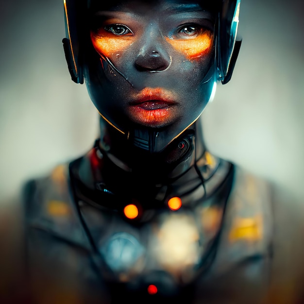 Mulher jovem careca cyborg humanóide Retrato de um humano andróide olhando para a câmera Ilustração hiper-realista ai geração