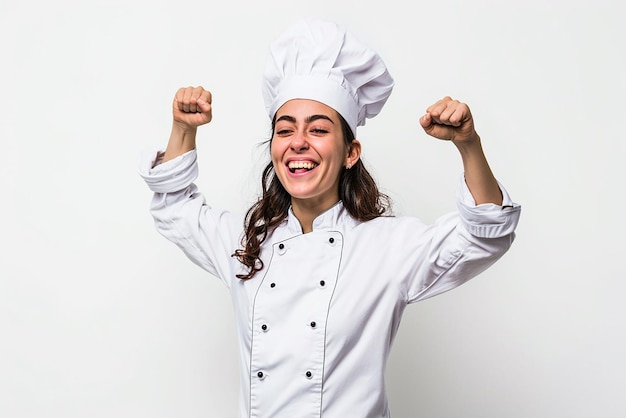 Foto mulher jovem chef brasileira comemorando uma vitória na posição vencedora em fundo branco isolado