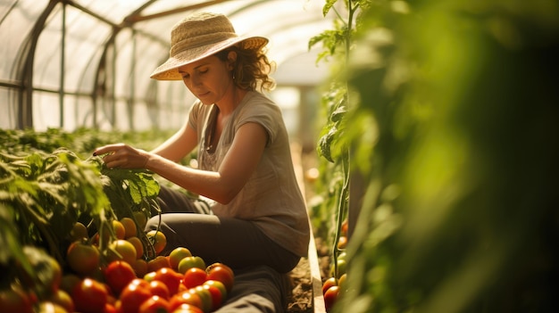 Mulher jovem colhendo tomates na estufa criada com tecnologia de IA gerativa