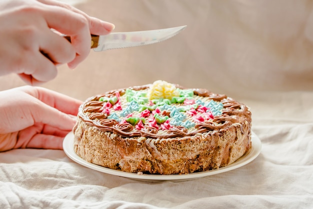 Mulher jovem com as mãos cortando o bolo de nozes redondo inteiro tradicional Kiev tradicional na embalagem. Os produtos de panificação ucranianos conhecidos. Feriado e conceito de comida doce festiva.