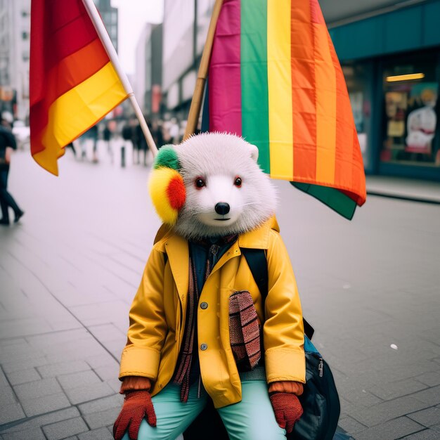 Foto mulher jovem com bandeira arco-íris e ursinho de pelúcia mulher nova com bandeira arco-íris e urso de peluche