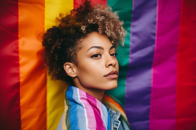 Foto mulher jovem com bandeira do arco-íris na bochecha