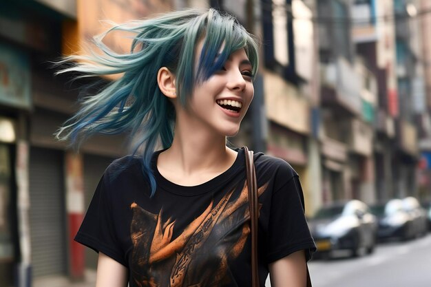 Mulher jovem com cabelo azul e camisa na cidade