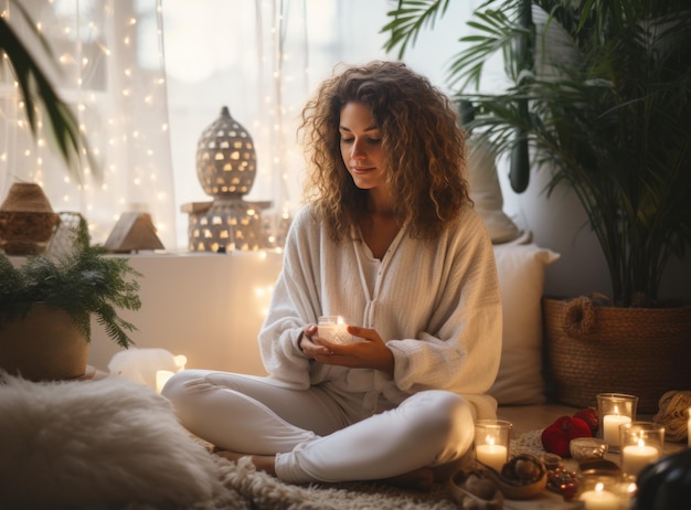 Mulher jovem com cabelo castanho e árvore de Natal