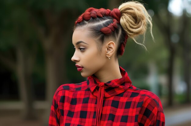 Foto mulher jovem com cabelo trenzado vermelho e um pão alto vestindo uma camisa a quadros