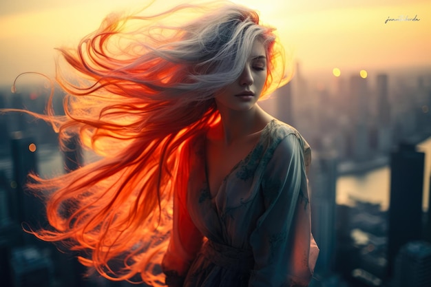 Mulher jovem com cabelos aquáticos com vista para a movimentada paisagem da cidade ao pôr do sol