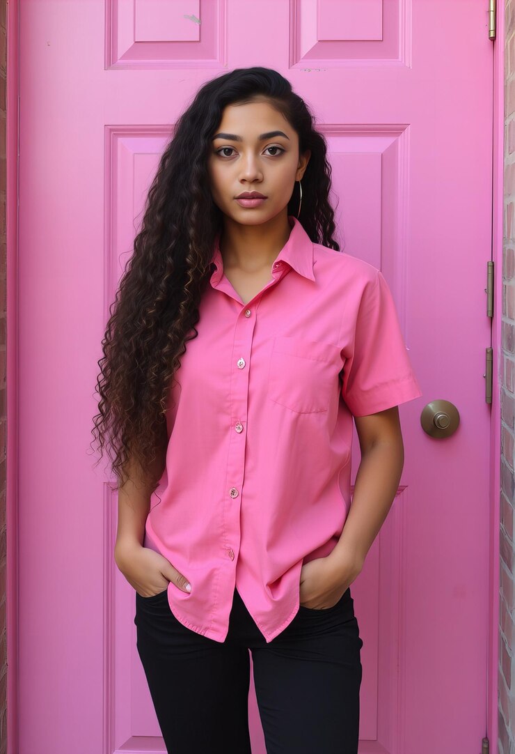 Foto mulher jovem com cabelos compridos e enrolados vestindo uma camisa rosa e calças pretas
