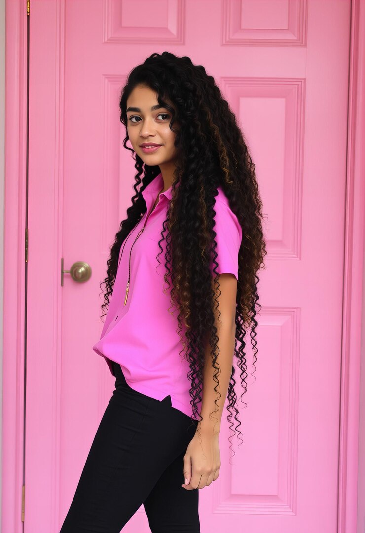Foto mulher jovem com cabelos compridos e enrolados vestindo uma camisa rosa e calças pretas