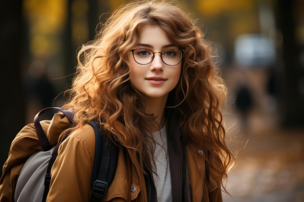 Mulher jovem com cabelos encaracolados usando óculos em um cenário de outono