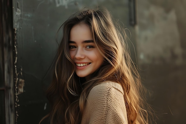 Mulher jovem com cabelos longos e ondulados e um sorriso bonito 1