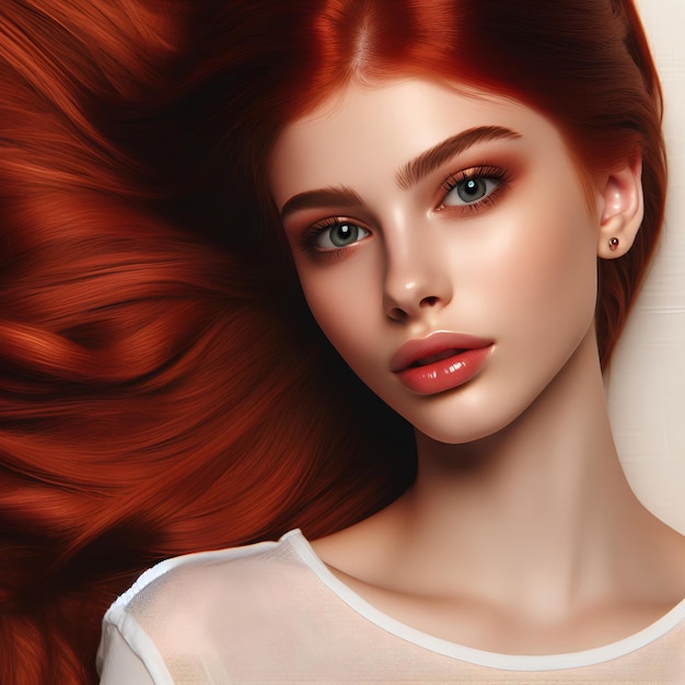 mulher jovem com cabelos longos e vermelhos deitada em fundo de cabelos compridos e vermelhos