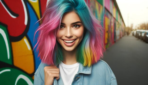 Mulher jovem com cabelos multicoloridos vibrantes Retrato de estilo urbano