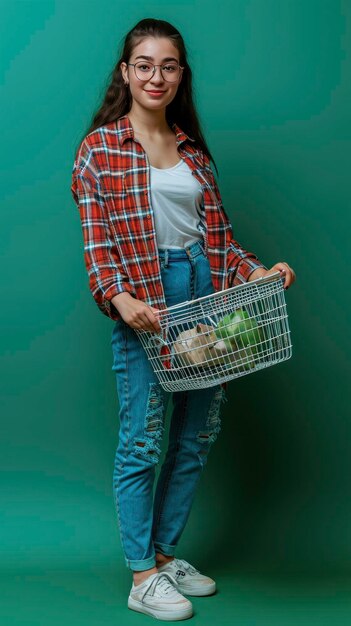 Foto mulher jovem com cesta de compras em fundo verde