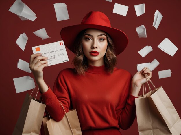 Mulher jovem com chapéu vermelho segurando sacos de papel de compras em fundo vermelho simples