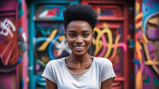 Mulher jovem com corte de cabelo afro vestindo camiseta branca