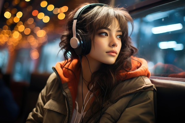 Mulher jovem com fones de ouvido ouvindo música Menina sentada perto da janela IA gerativa