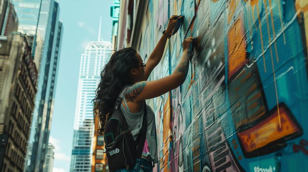 Foto mulher jovem com longos cabelos escuros e tatuagens está pintando com spray um mural colorido em uma parede de tijolos em um cenário urbano