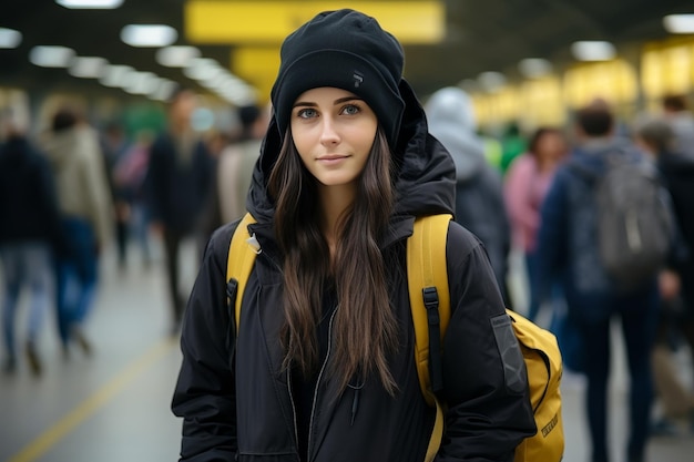 Mulher jovem com mochila amarela em roupas esportivas no aeroporto