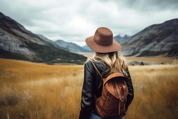 Mulher jovem com mochila caminhando nas montanhas conceito de viagem e aventura