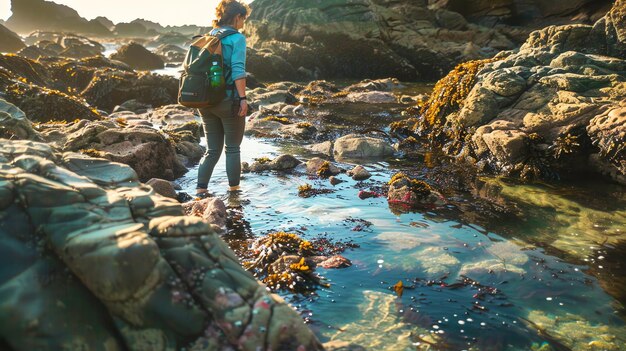 Foto mulher jovem com mochila caminhando por uma piscina de maré rochosa ao pôr do sol