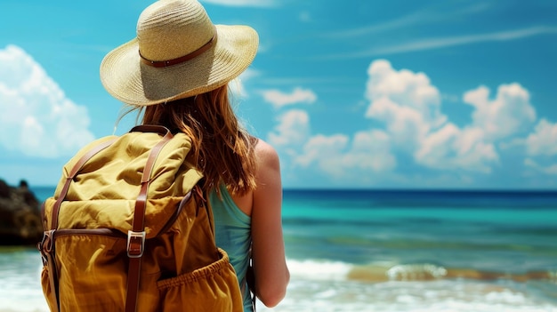 Mulher jovem com mochila com chapéu na praia olhando para o conceito de férias de verão no mar AI generativa