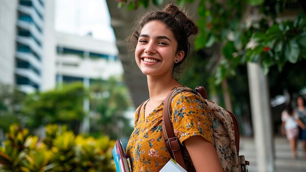 Mulher jovem com mochila escolar segurando caderno rua com edifícios árvores e fundo desfocado