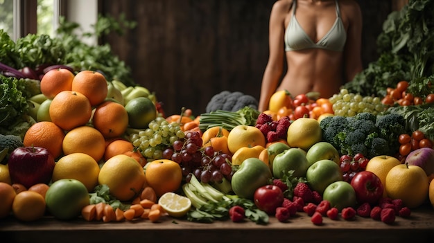 Mulher jovem com muitas frutas e legumes Conceito de comida saudável