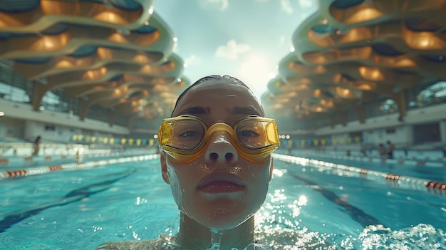 Mulher jovem com óculos de proteção e boné nadando na piscina Mídia mista