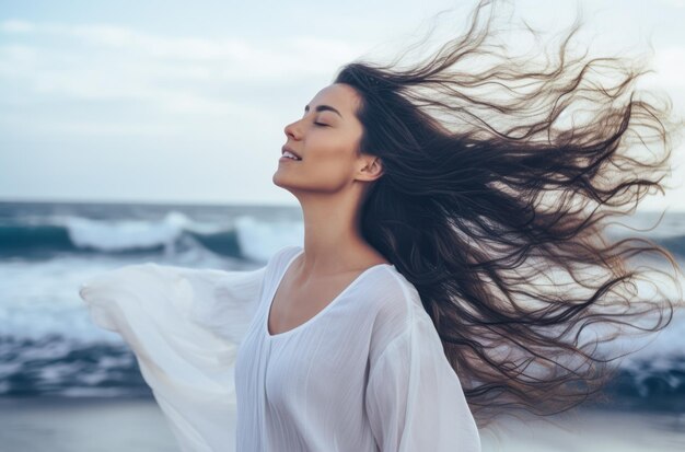 Foto mulher jovem com os olhos fechados desfrutando de sua liberdade na costa do mar