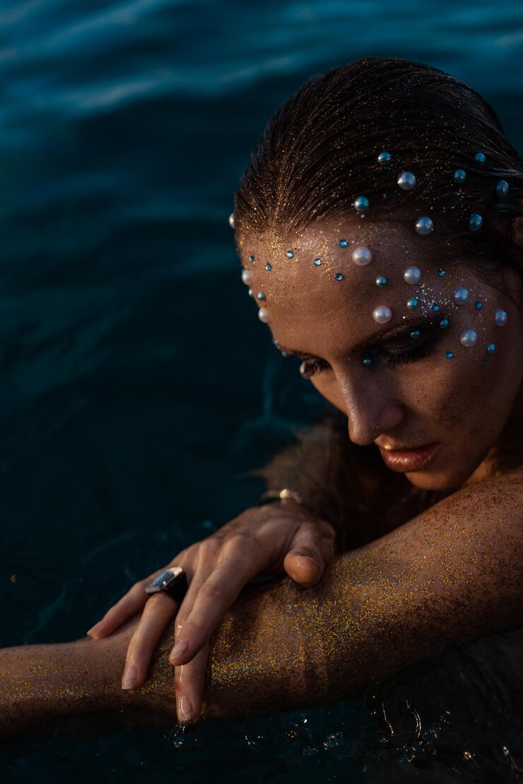 Foto mulher jovem com pele dourada em retrato aquático